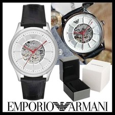 emporio armani ar2072 meccanico black leather automatic men's skeleton watch