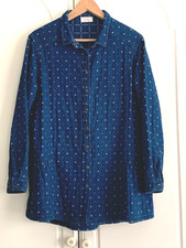 Wrap London jeansblau dicke Baumwolle durchgehender Knopf ausgestellt Bluse/Hemd Größe UK 12