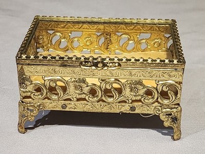 Vintage JEWELRY Rectangle Box Dresser Ornate BRASS w/ Glass Lid FOOTED 4.5''