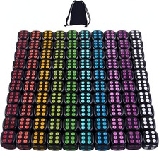 100 Pieces Black Dice with Colorful Pips 6 Sided Rounded Corner Dice Set with...