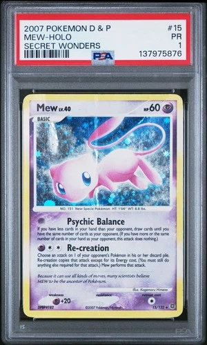 2007 POKEMON DIAMOND & PEARL SECRET WONDERS #15 MEW-HOLO PSA 1