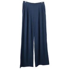 GARNET HILL Women Pants S Blue Pull On Elastic Waist Stretch Wide Leg Pockets
