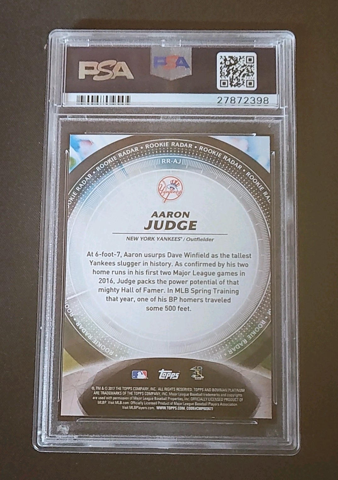 Bowman Platinum 2017 Rookie Radar Aaron Judge Purple /250 #RR-AJ PSA 10 view 2