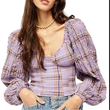 Free People Women’s Large Cherry Bomb Madras Purple Plaid Long Sleeve Top