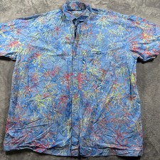 Mens Hawaiian Cotton Shirt XL Blue Palm Leaf Print Short Sleeve Beach Button Up
