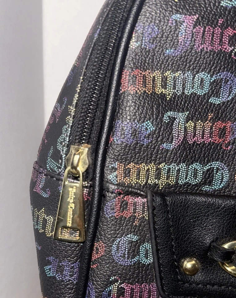 Juicy Couture Mini Backpack Black Multicolor Logo Print Gold Hardware 10x9 PVC  - Image 4 of 4