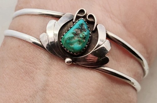 Vintage Navajo Sterling Silver Turquoise Cuff Bracelet Hand Signed "JC"