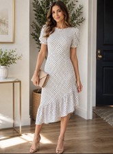 Pretty Little Thing Midi Dress 8/10 Ruffle Hem Puff Shoulder Polka Dot Career