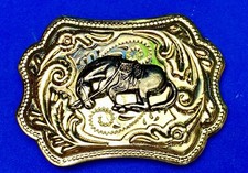 End Of The Trail Horse In Saddle Western Gold Color Flower Swirl Belt Buckle