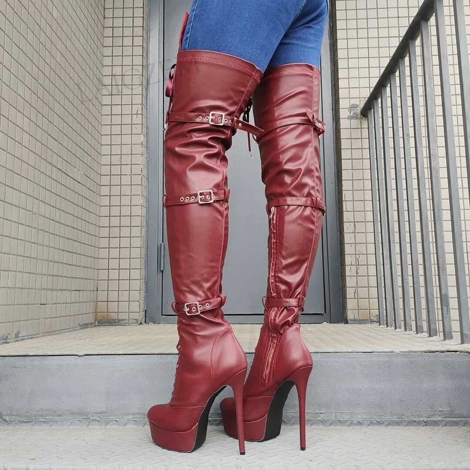 Stivali donna sopra il ginocchio larghi polpaccio amichevoli regolabili scarpe lacci tacco alto stivali - Immagine 3 di 4