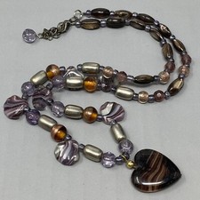 VTG Art Glass Necklace Heart Purple Swirl Marble Heart Pendant Shell Beads 22"