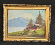 Antico Quadro Dipinto su Tavola Paesaggio Montano Cornice in Legno Dorato I 900