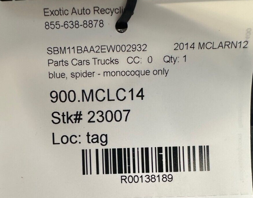 Mclaren MP4-12C SPIDER, Monocoque Tub Chassis Cockpit, Used, Undamaged