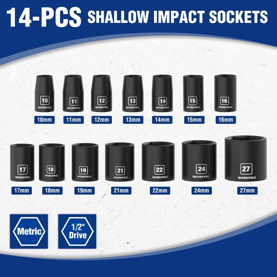 WORKPRO 1/2”Drive Shallow Impact Socket Set Metric Cr-V Steel 6-Point Socket Set - Image 4 of 4