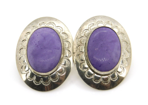 Unsigned Southwestern Stamped 925 Sterling Silver Purple Sugilite Oval Earrings - Picture 1 of 6