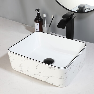 White Rectangular Vessel Sink Bathroom Ceramic Basin Bowl With Black Faucet Set