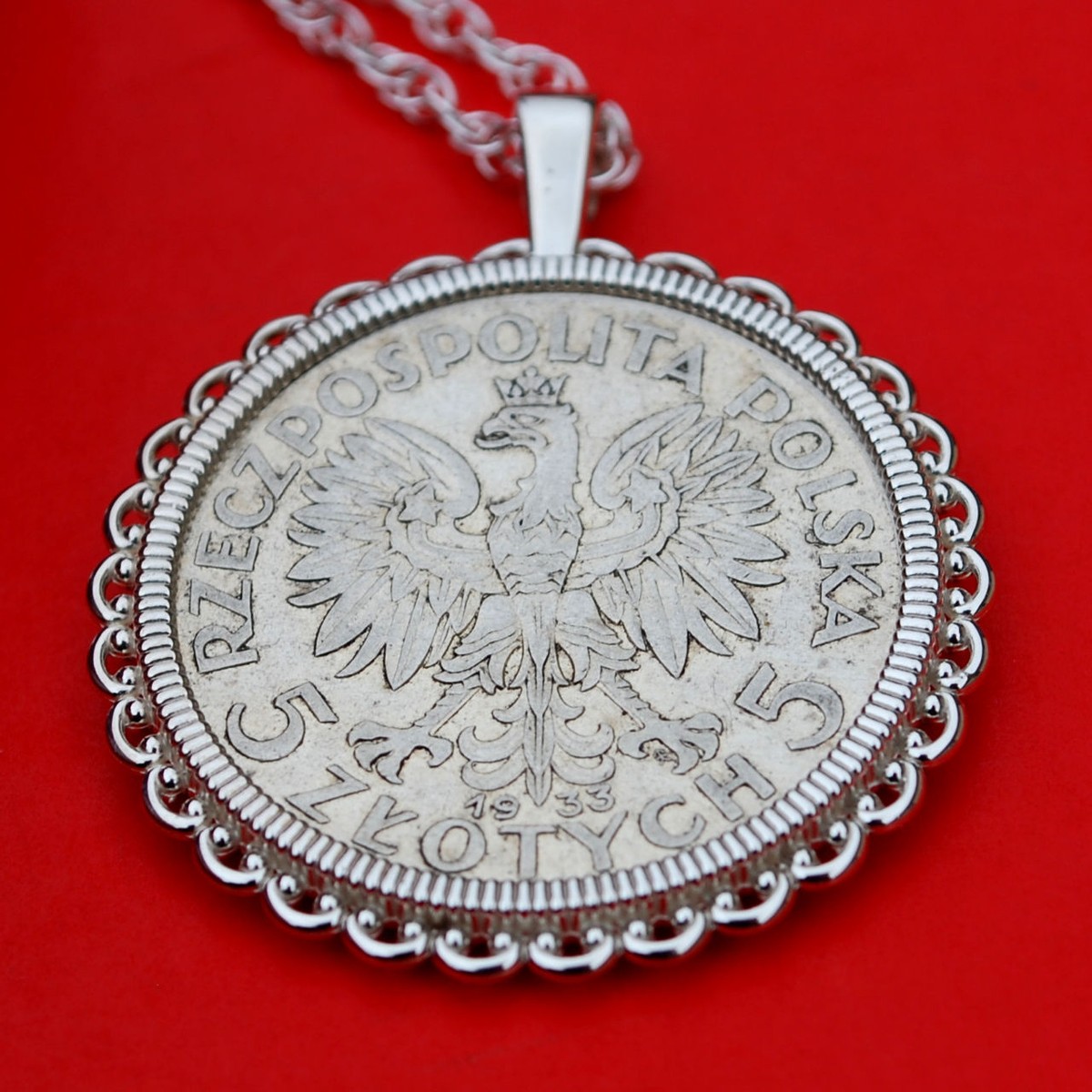 Etoile Coin Necklace（Silver）【Silver925】 1933 Poland Silver 5 ZYLOTE Coin 925 Sterling Silver Necklace NEW