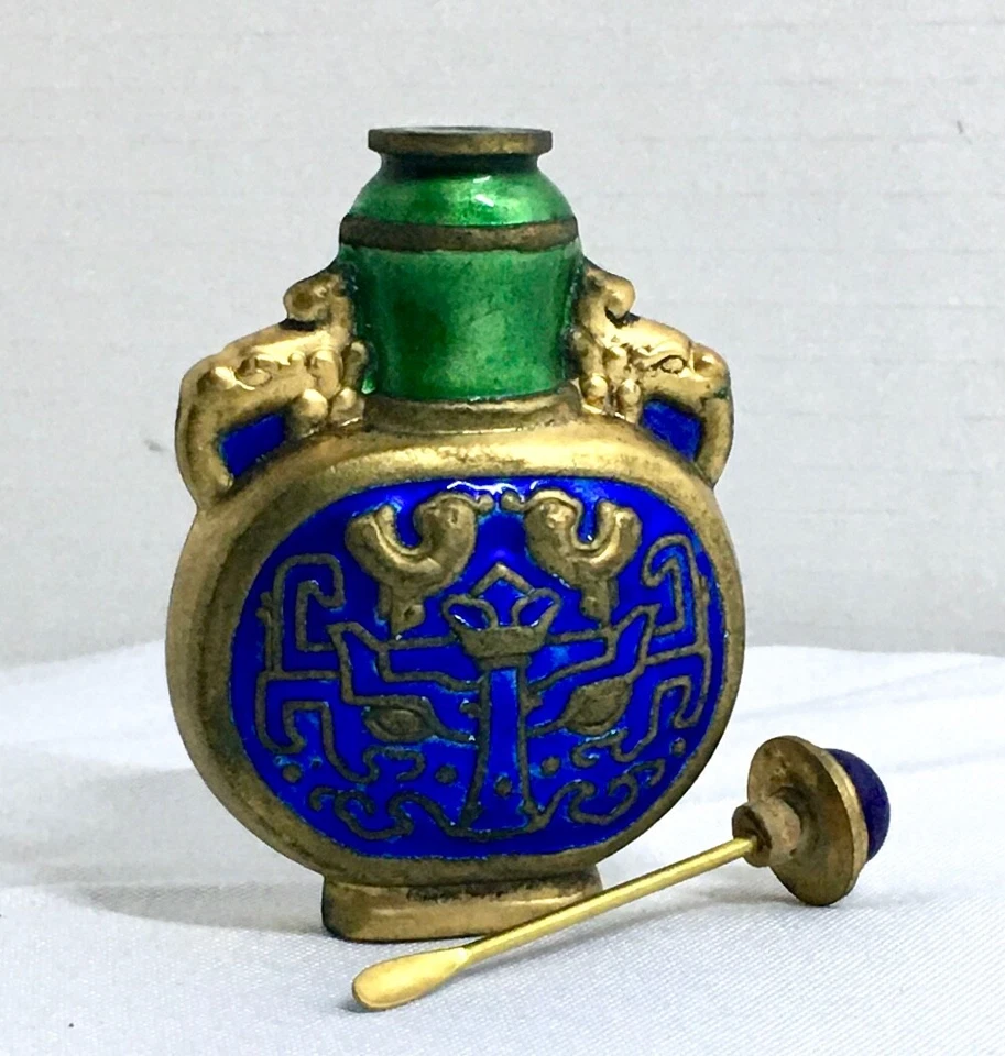 Antique Chinese Brass and Enamel Snuff Bottle w/ Lapis Lazuli Gem Top - Image 3 of 4