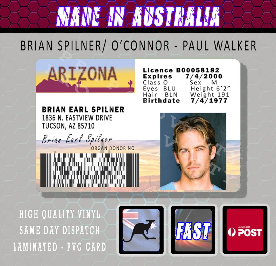 PAUL WALKER BRIAN SPILNER PVC LICENCE - Parody Prop Gift Novelty FAST N FURIOUS