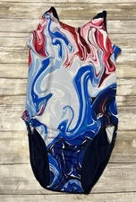 GK Elite Girls Adult Medium Navy Patriotic Swirls Red White Tank Workout Leotard