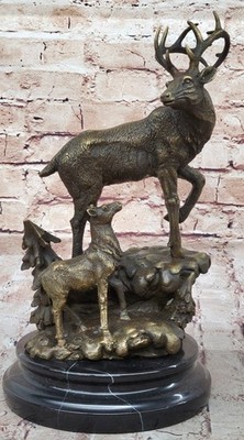 Unterzeichnet Original Stecker Hirsch Mit Sein Baby Kitz Messingskulptur Statue
