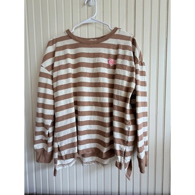 Z Supply Womens Brown Cream Striped Heart Long Sleeve Cotton Top Medium