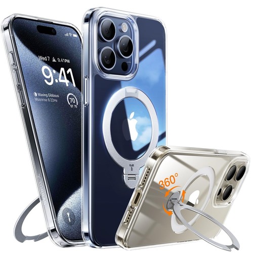 TORRAS 360 Spin Magnetic Case For iPhone 15 Pro MagSafe Kickstand Ring Clear