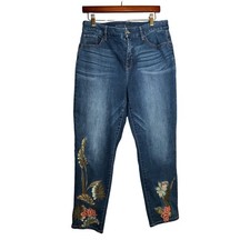 Chicos So Slimming Size 2 Medium Girlfriend Ankle Jeans Blue Floral Embroidered