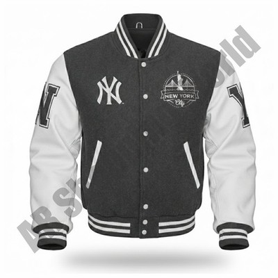 Men's NY Yankees Grey Wool White Leather Sleeves Varsity Letterman Jackets