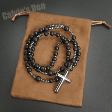 Collar Rosario 8mm Grande Mate Negro Ónix Hematita Cruz Colgante Hombres Regalo Fe