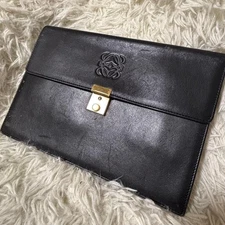 LOEWE Anagram Embossed Lock Clutch Bag Second Bag Leather Black Authentic