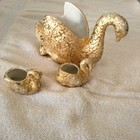 Vtg. 3pc. set of mother & babies weeping 24k gold ceramic pottery swans — photo 1