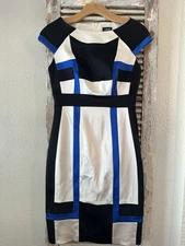 A5 Jax Black Ivory Blue Dress Geometric Cocktail Party Career Women's Size 4 EUC