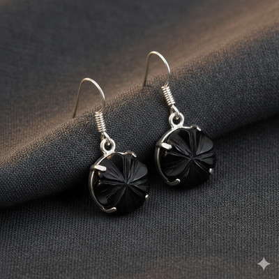 Black Onyx Carved Gemstone Round Ethnic Handmade Dangle Earrings 1.7'' AAE-44