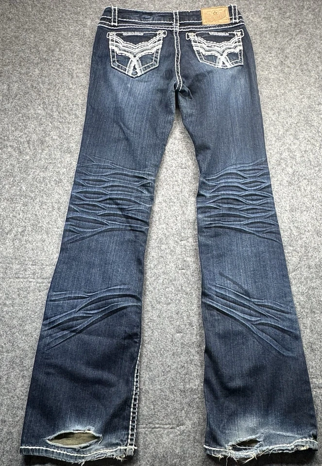 LA Idol Women’s Size 9 Bootcut Jeans Distressed Dark Wash Embroidered Western - Image 3 of 4