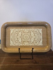Lot of 7 Vintage Metal Serving Trays Woodgrain Lace Design 14.25x8.75