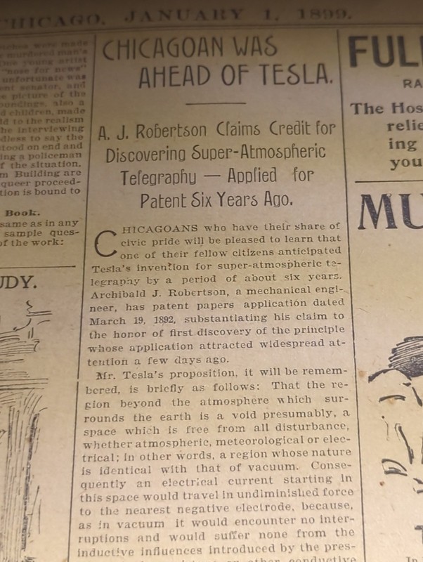 JAN 1, 1899 NEWSPAPER #2913- A.J. ROBERTSON CLAIMS HE WAS AHEAD OF NIKOLA TESLA 