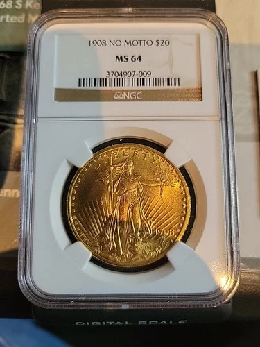 1908 No Motto US $20 Saint Gaudens Double Eagle Gold Piece NGC MS64