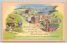 Vintage Linen Boston Map Postcard Tichnor Bros 1930s Gentle Cows