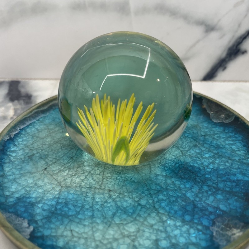 Vintage Yellow Mum Style Flower Glass 2 Inch Paperweight 