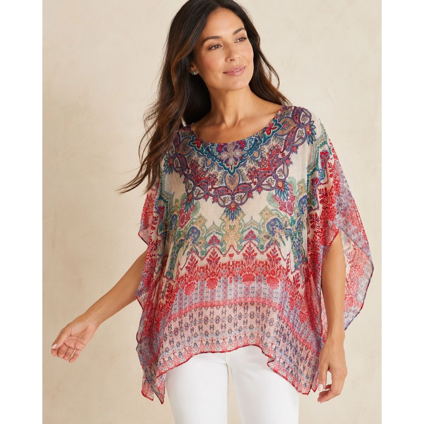 Chico’s Paisley Print 100% Linen Poncho Top S/M Boho Coastal