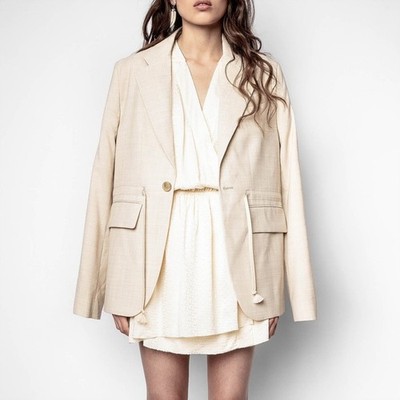 $648 Zadig & Voltaire Mister Beige String Waist Wool Long Jacket Blazer 34