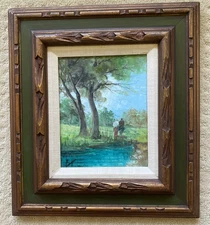 Vintage Oil Painting Signed Gasp Mid-Century Rustic Wall Art Couple Pond Impasto