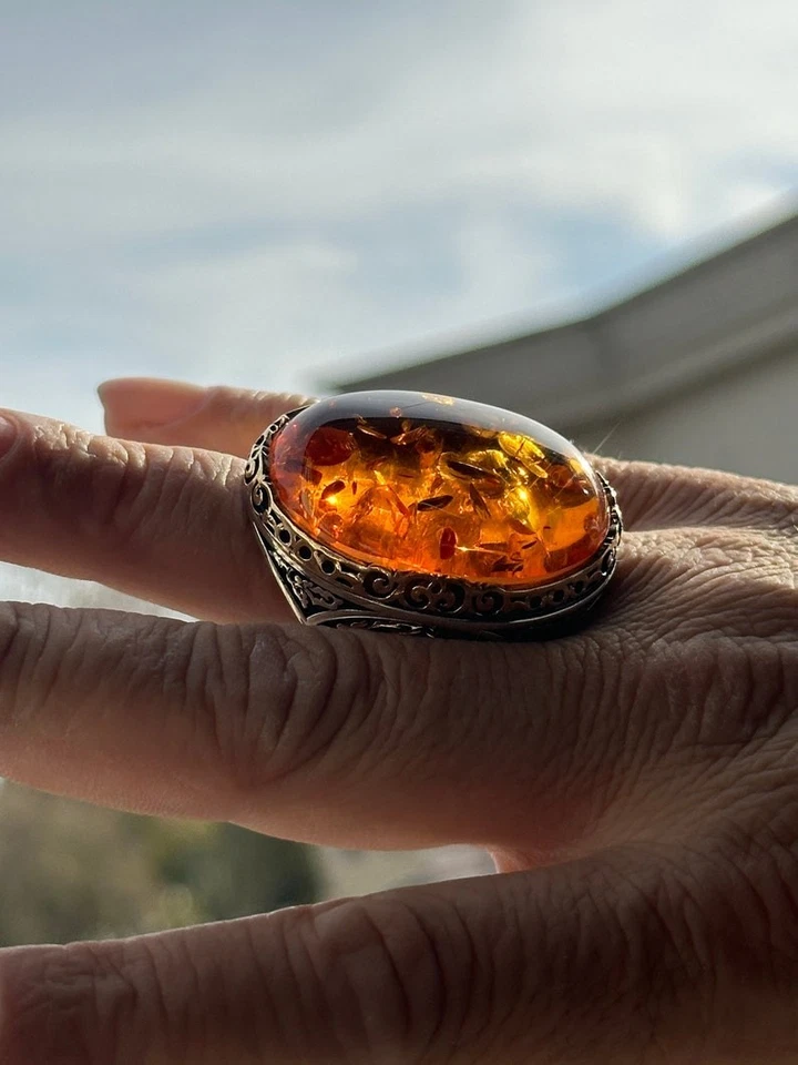 925 Silver Baltic Amber Men Orange Natural Amber Stone Ring - Image 3 of 4