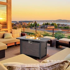 43 Inch Propane Fire Pit Table 50,000 BTU Gas Firepit w/ Wind Guard, Blue Glass