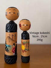 Japanese Kokeshi Doll Pair Carved Landscape Floral 16cm 21cm Collectible 15+