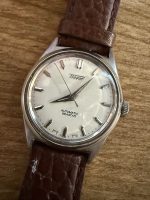 1950s Tissot Seastar Auto 17J Men s Watch White Dial Brown Leather Strap 35mm