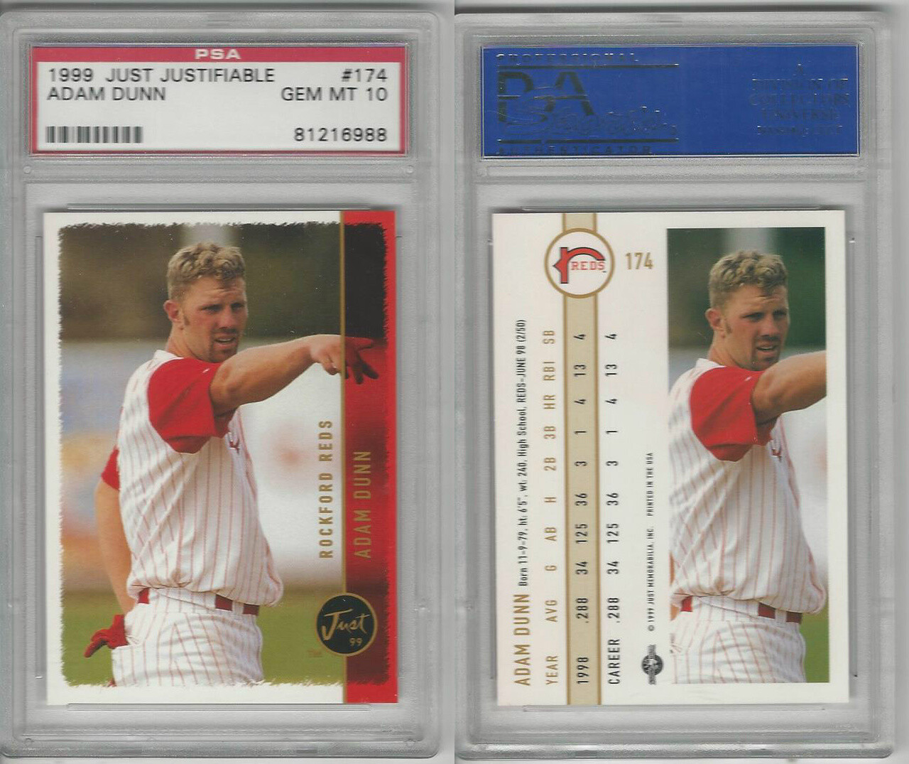 1999 Just Justifiable Baseball, #174 Adam Dunn, Cincinnati Reds, PSA 10 Gem