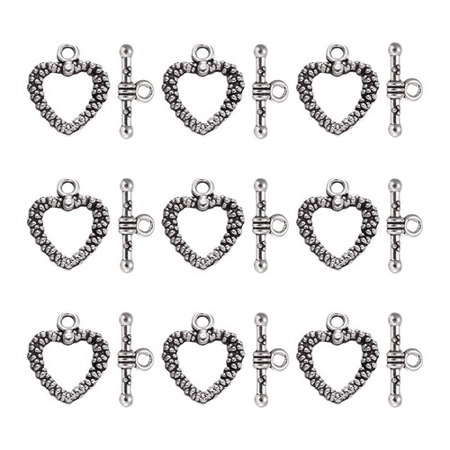 10 Sets Tibetan Style Alloy Heart Toggle Clasps Antique Silver Bracelet Necklace - Afbeelding 1 van 6