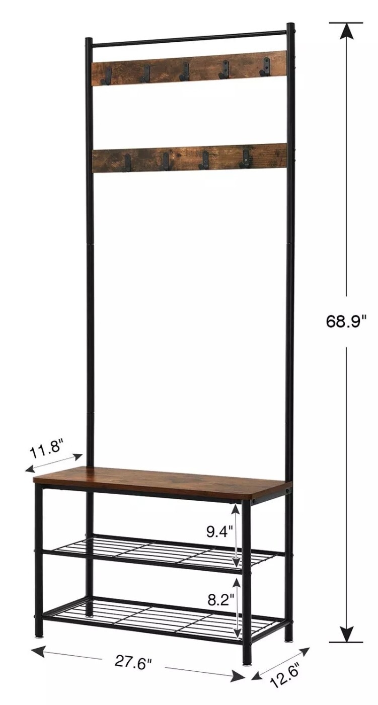 VASAGLE Industrial Coat Rack, Hall Tree Entryway Shoe Bench Storage